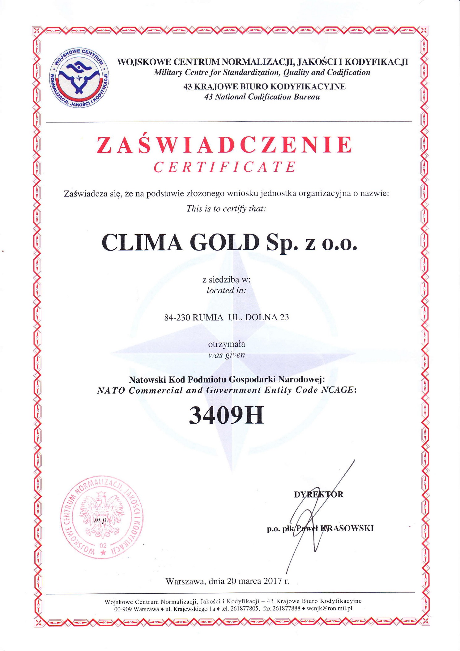 Clima Gold with NATO Commercial and Government Entity certificate
